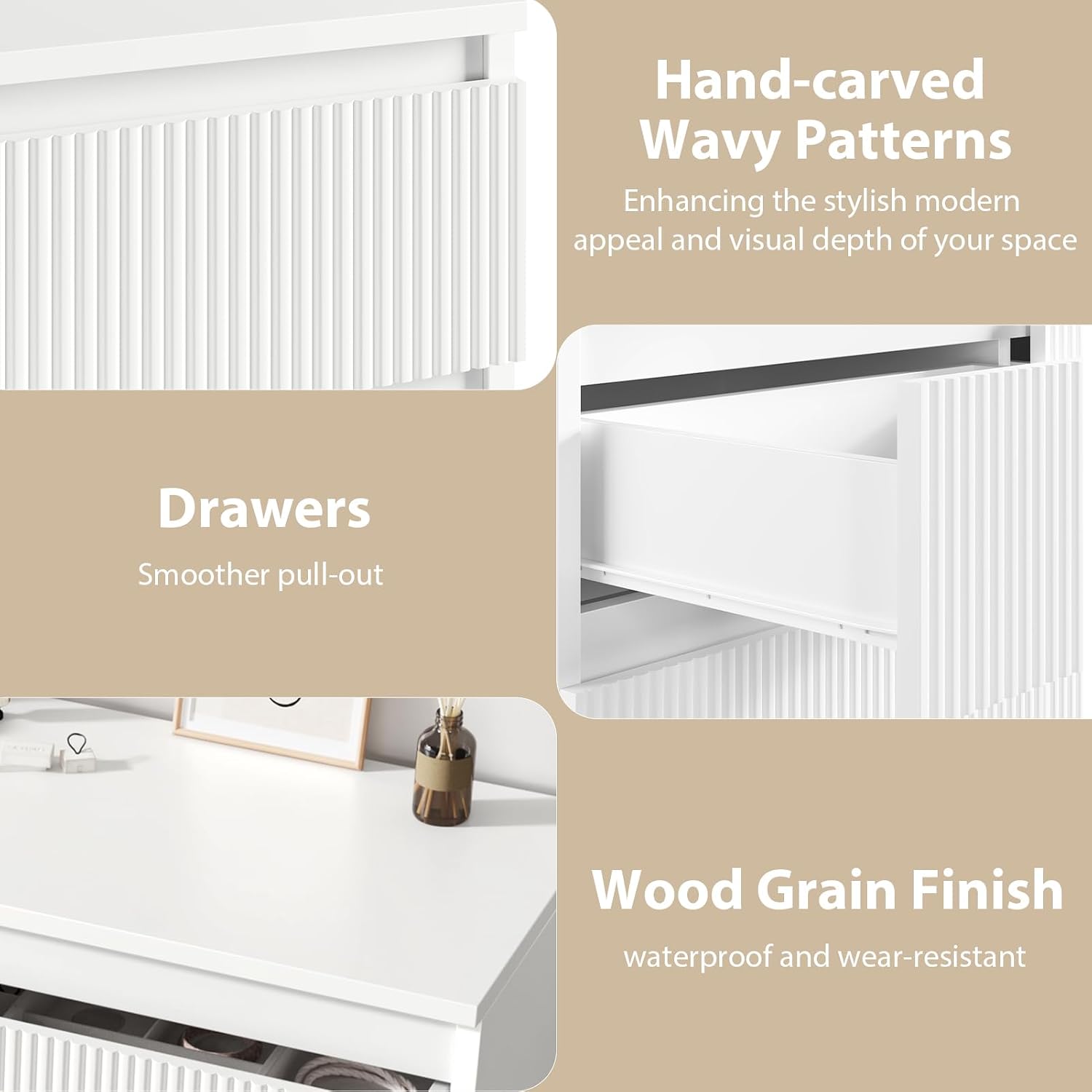 Jocoevol 6 Drawer Fluted Dresser, Modern Chest of Drawers for Bedroom with Hidden Handles, Wood Storage Organizer Cabinet for Living Room & Entryway, White (15.7' D x 47.3' W x 31.6' H)