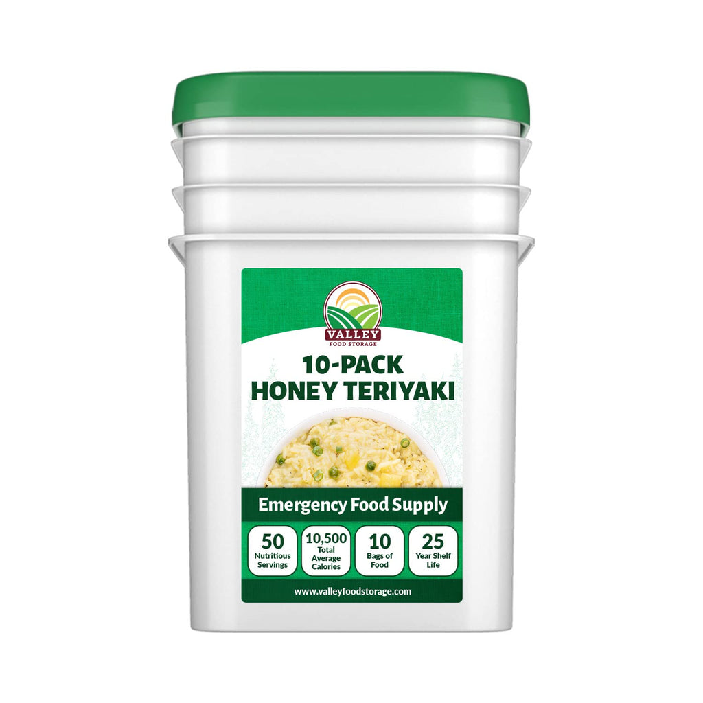 Valley Food Storage Honey Teriyaki Rice | 10-Bag Bucket, 50 Servings | Non-GMO Premium Emergency Food Supply, 25 Year Shelf Life | Survival Meal Kits, Prepper Food & Off-Grid Living Supplies, Packaged in USA