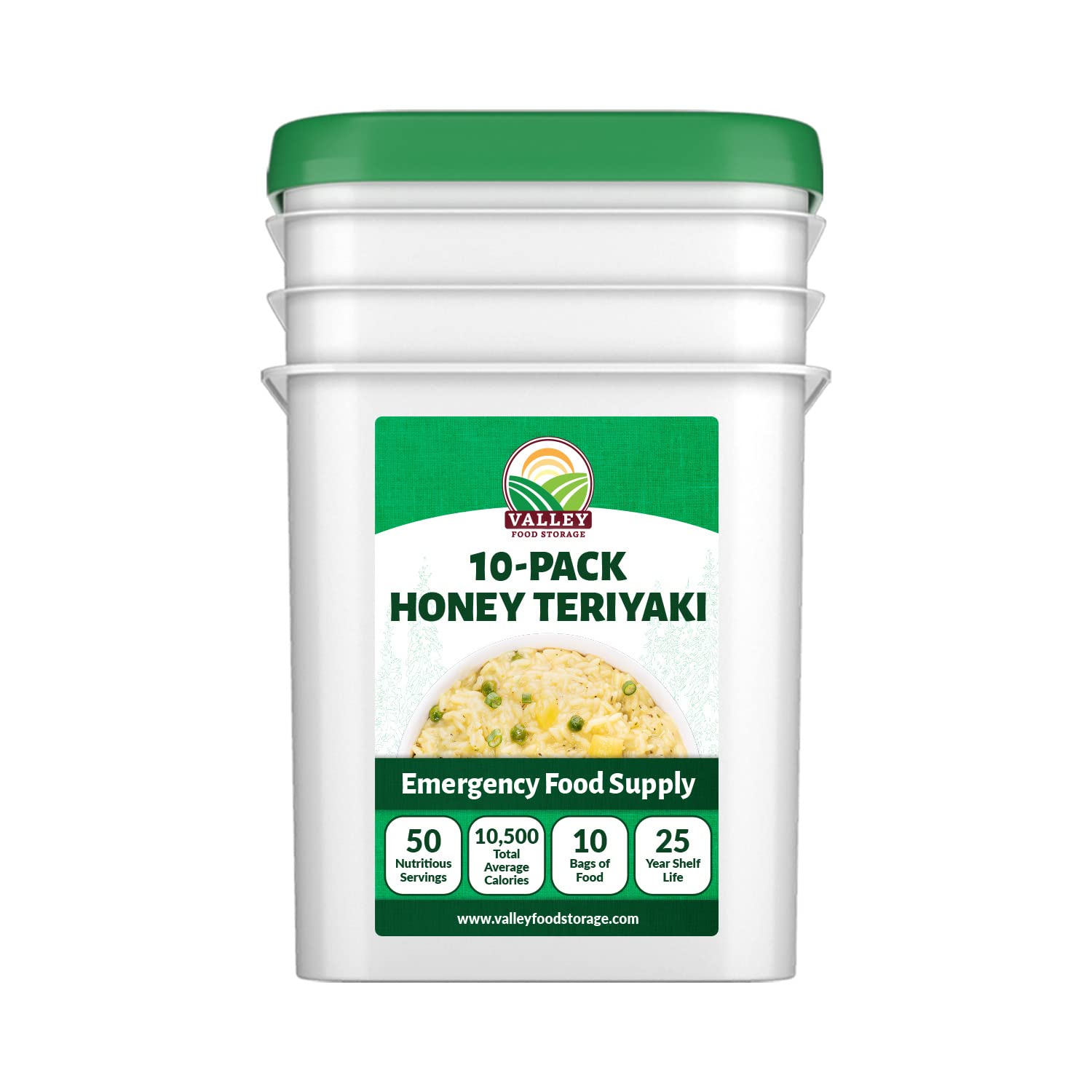 Valley Food Storage Honey Teriyaki Rice | 10-Bag Bucket, 50 Servings | Non-GMO Premium Emergency Food Supply, 25 Year Shelf Life | Survival Meal Kits, Prepper Food & Off-Grid Living Supplies, Packaged in USA