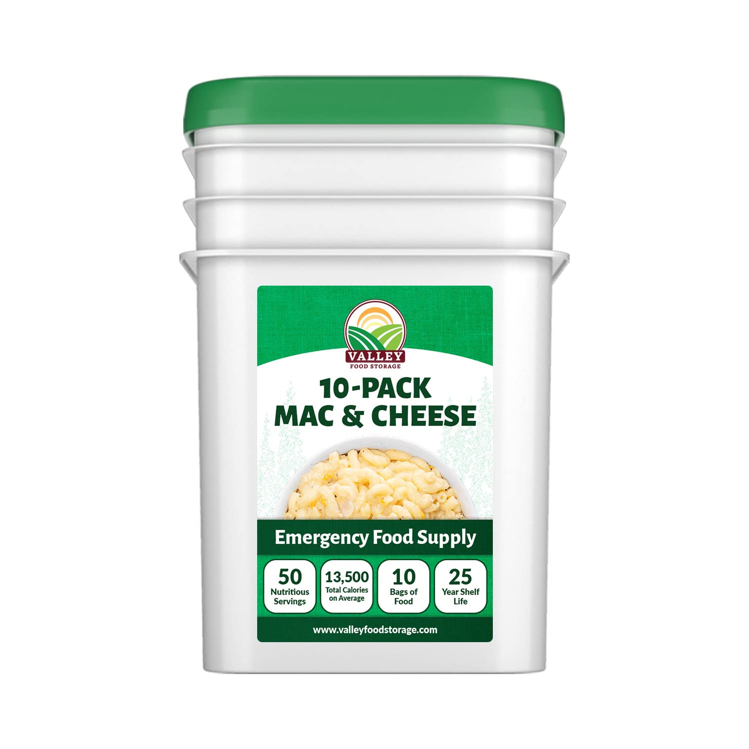 Valley Food Storage Mac and Cheese | 10-Bag Bucket, 50 Servings | Non-GMO Premium Emergency Food Supply, 25 Year Shelf Life | Survival Meal Kits, Prepper Food, Camping & Off-Grid Living Supplies