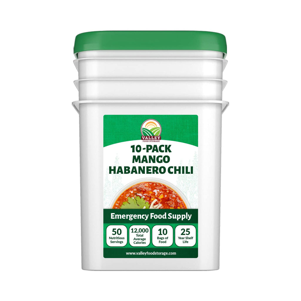 Valley Food Storage Mango Habanero Chili | 10-Bag Bucket, 50 Servings | Premium Emergency Food Supply, 25 Year Shelf Life | Survival Meal Kits, Prepper Food & Off-Grid Living Supplies, Packaged in USA