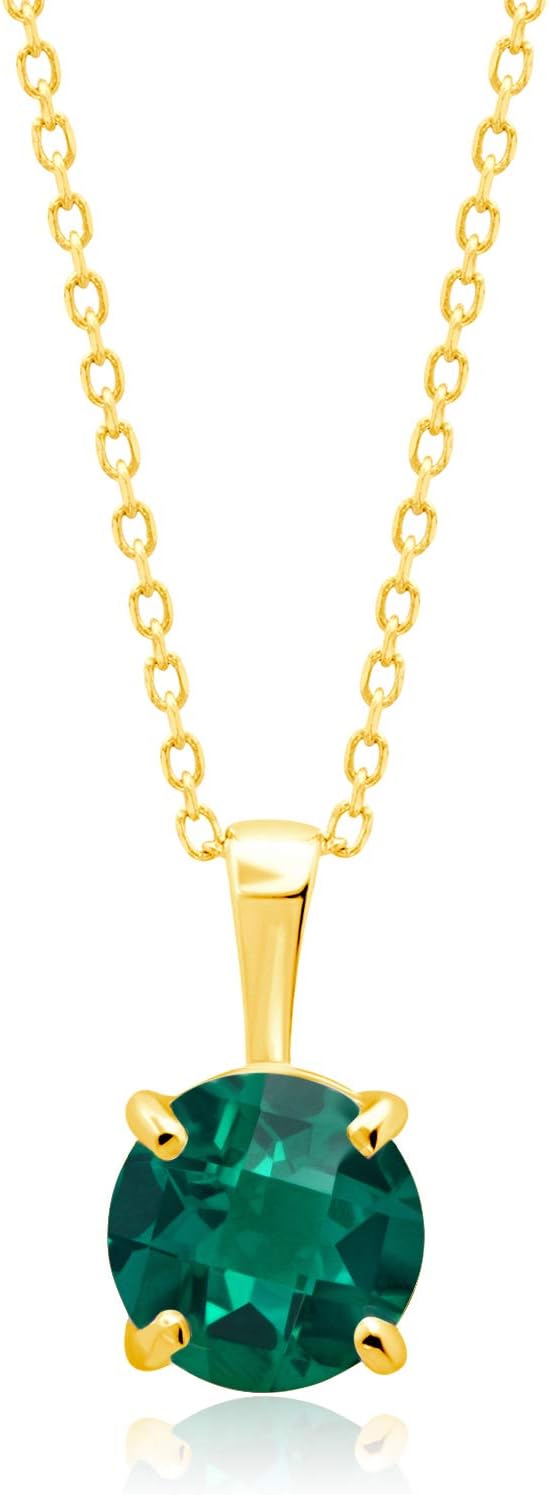 MAX + STONE 14k White or Yellow Gold Gemstone Round Pendant Necklace for Women 6mm Solitaire Birthstone with 18 Inch Cable Chain