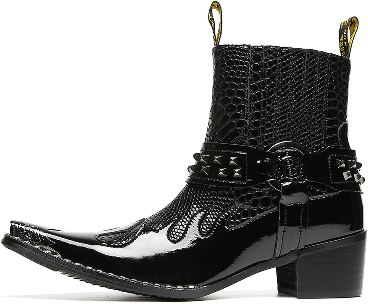 Santimon Men's Genuine Leather Western Chelsea Cowboy Boots | Mid-Top with Metallic Wingtip Toe & Snakeskin Buckle | Dress-to-Casual for Stage, Neon Nights