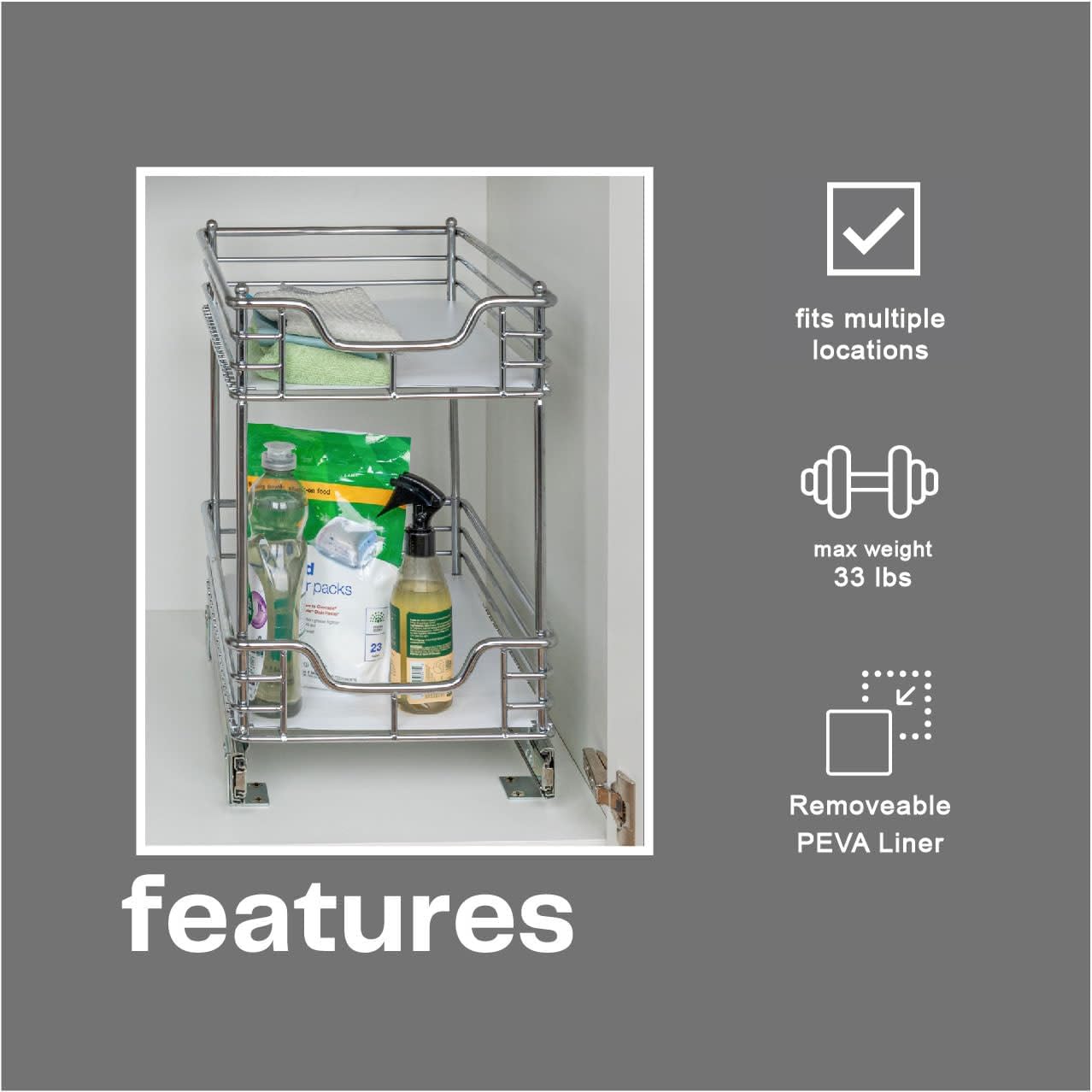 Household Essentials Glidez 2‑Tier Multipurpose Large Chrome‑Plated Steel Pull‑Out/Slide‑Out Under Cabinet Organizer with Plastic Liner, Chrome Finish