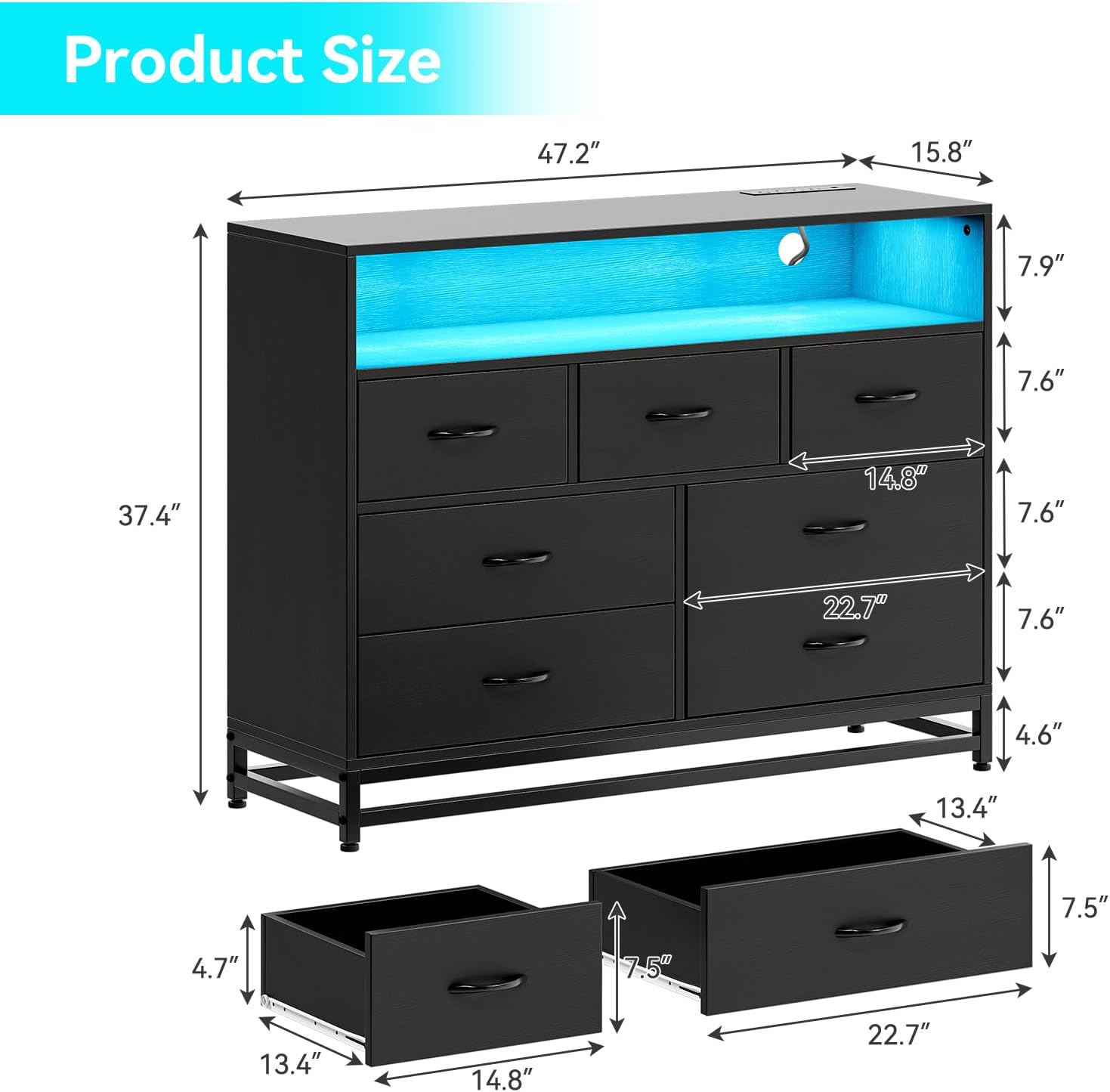 IDEALHOUSE Black 7-Drawer Dresser for Bedroom – Modern Long Dresser with Charging Station & LED Lights, Wooden Large Capacity Storage Chest, Wide Dresser for Living Room & Hallway