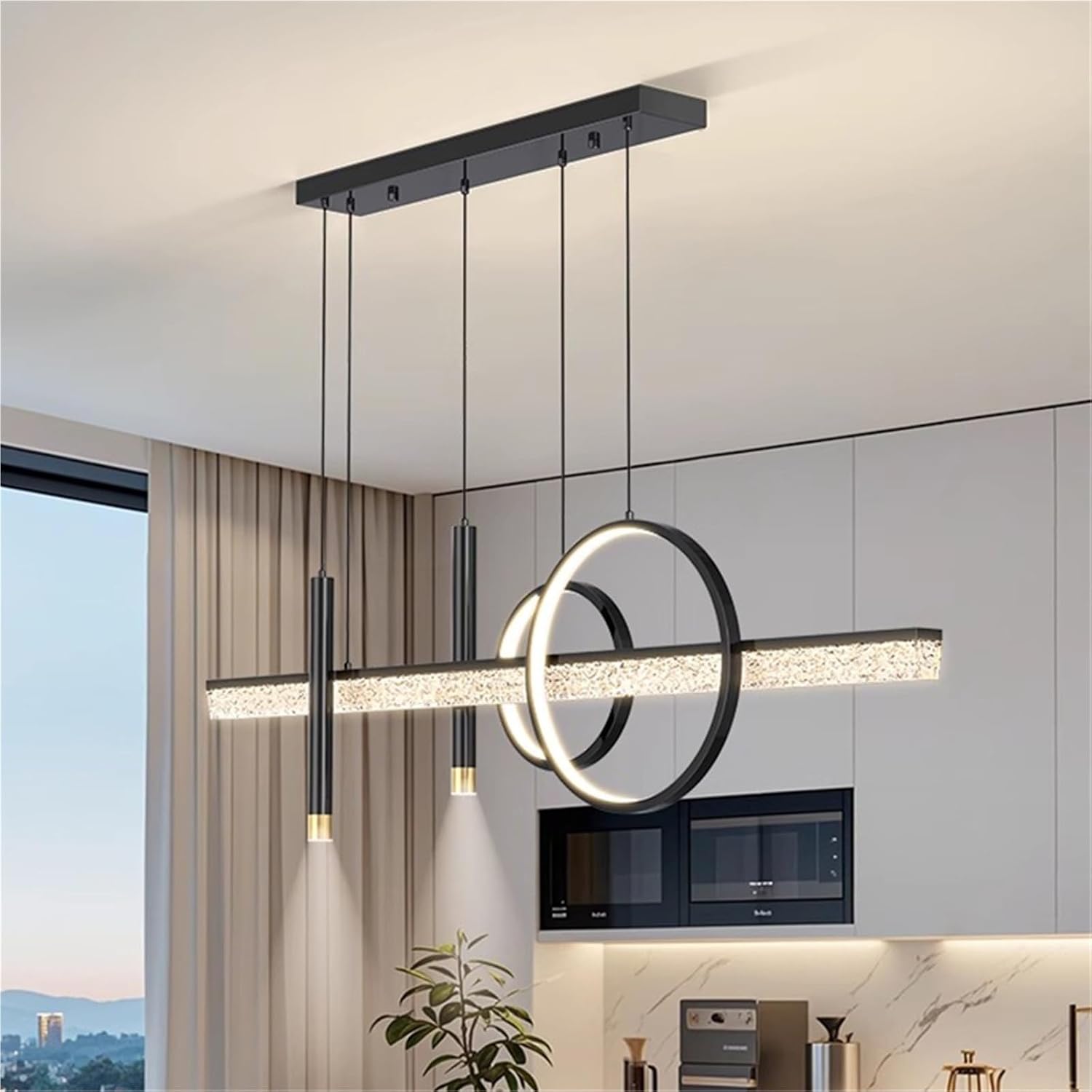 Modern Pendant Chandelier Linear Fixture with 2 Cylindrical Spotlights Black Finish LED Indoor Lighting Dining Room Kitchen Island Pendant Light Stylish(RC Remote dimming,120cm)