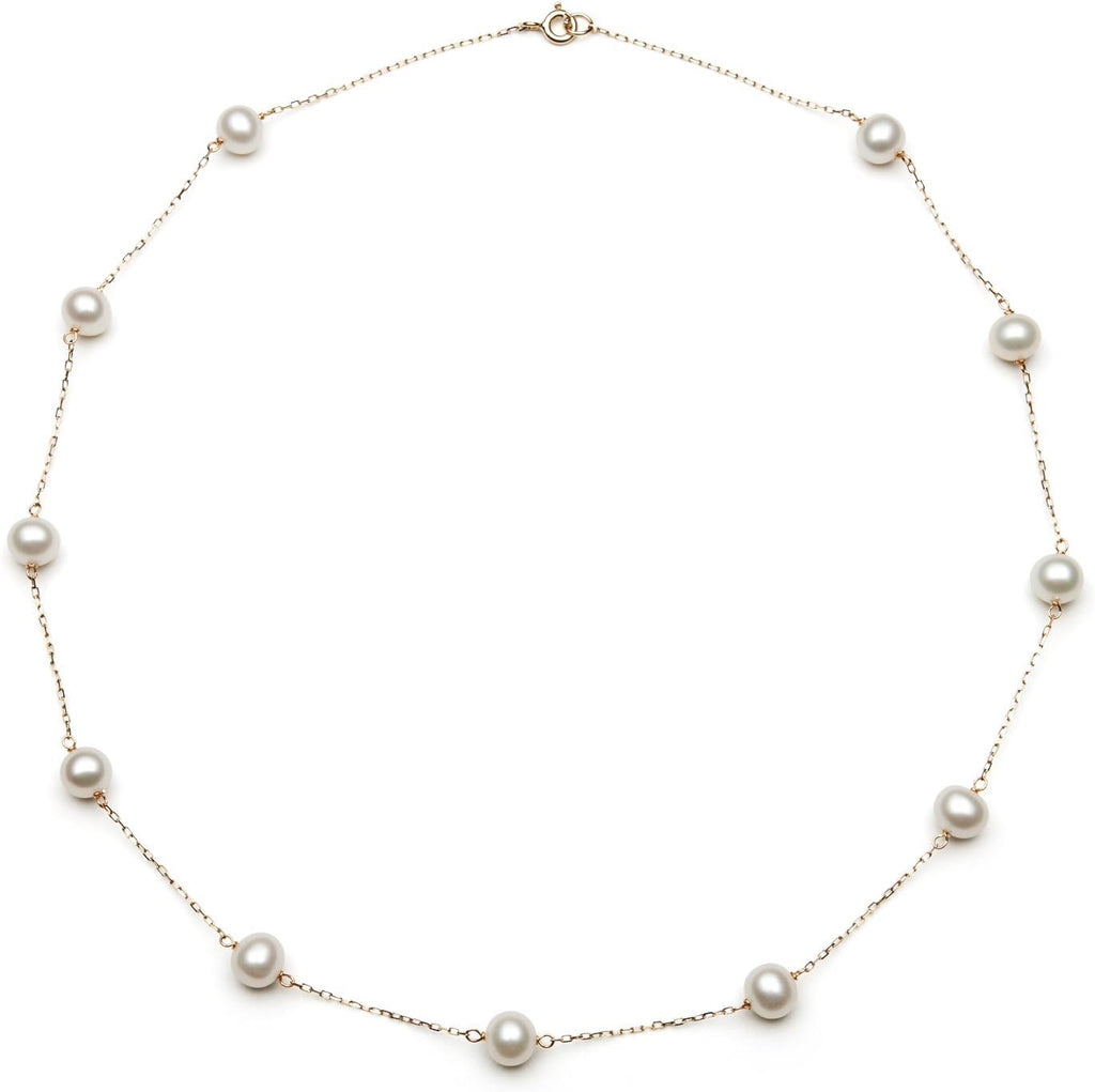 Belacqua Cultured Freshwater Pearl Station Necklace in 10K White or Yellow Gold,Size 6MM-7MM, 18 Inches Dainty Cable Chain, Real Jewelry for Women, Gift Box Included