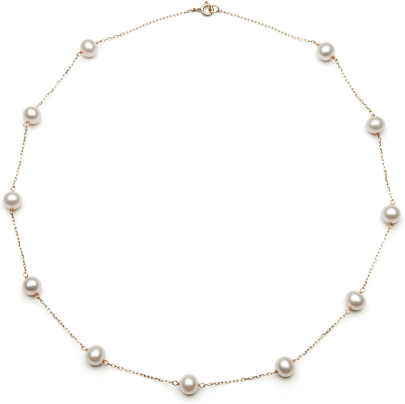 Belacqua Cultured Freshwater Pearl Station Necklace in 10K White or Yellow Gold,Size 6MM-7MM, 18 Inches Dainty Cable Chain, Real Jewelry for Women, Gift Box Included