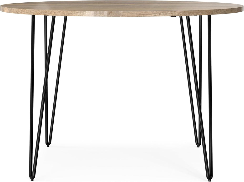 SIMPLIHOME Hunter Dining Table - 45 inch Wide Solid Mango Wood Round Table in Natural, Modern Industrial Style for Dining Room or Kitchen with Black Powder-Coated Iron Base and Hairpin Legs, Seats 4
