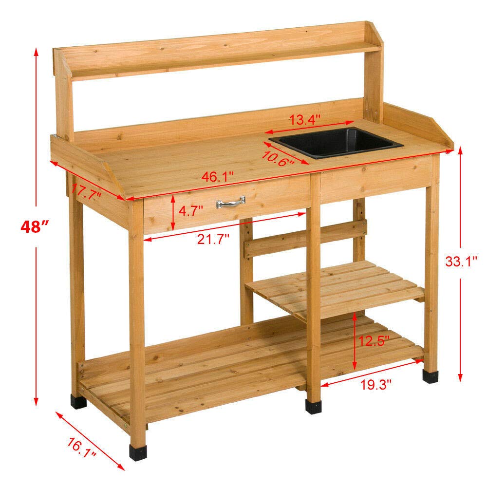 48' Wooden Outdoor Indoor Planting Gardening Garden Potting Bench Workbench Workstation Table Removable Sink Drawer 2 Tiers Storage Shelves Rack Open Shelf 3 Side Hooks Gardening Supplies Tools Storag