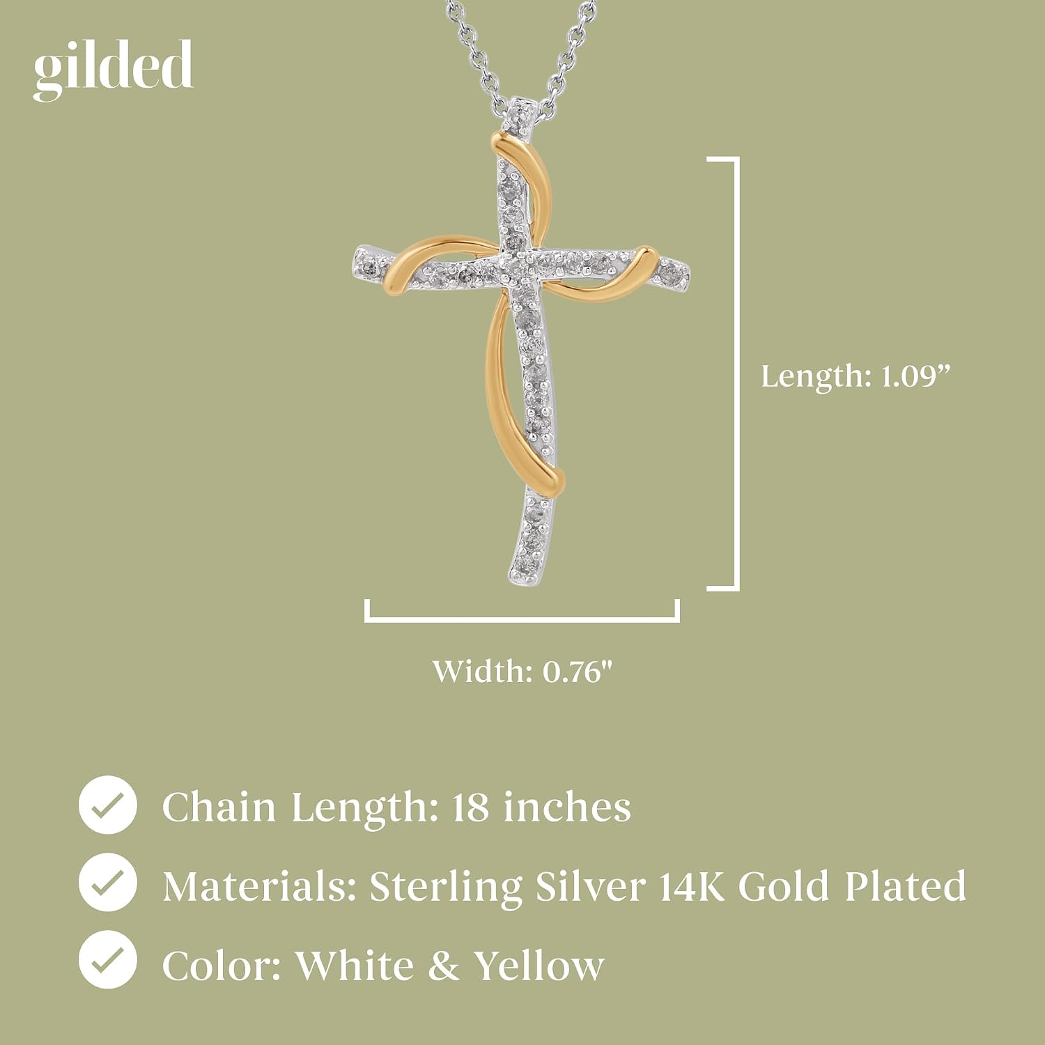GILDED 14K Yellow Gold over 925 Sterling Silver Necklace for Women with Natural Diamond and Twist Cross Pendant, 14K Gold Plated over Sterling Silver, 925 Sterling Silver, 18' Cable Chain, 1/4 Carat Total Weight Diamonds & Elegant Gift Box Included