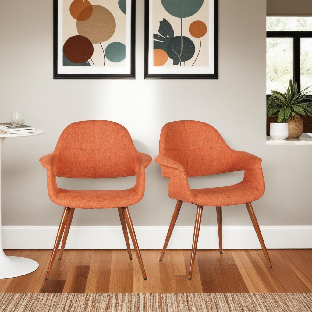 Armen Living Phoebe Mid Century Modern Accent Chair for Dining Table Kitchen Desk Vanity in Orange Fabric and Walnut Wood Finish