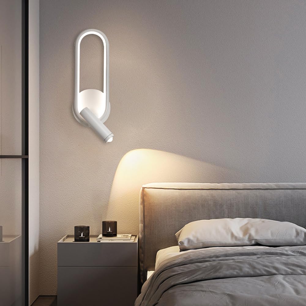 Modern Ring LED Wall Light, Metal Linear Wall Lamps with Swivel Spotlight, Indoor Wall Lighting Fixtures, 3-Color Temperature Wall Mounted Lamp for Living Room Bedroom Porch Hallway Bedside (White)