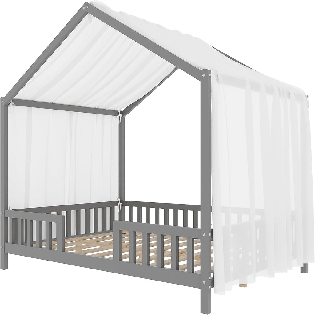 Bellemave Full House BedFrame with Canopy, Montessori Floor Bed, House Bed with Rails for Kids, Gray
