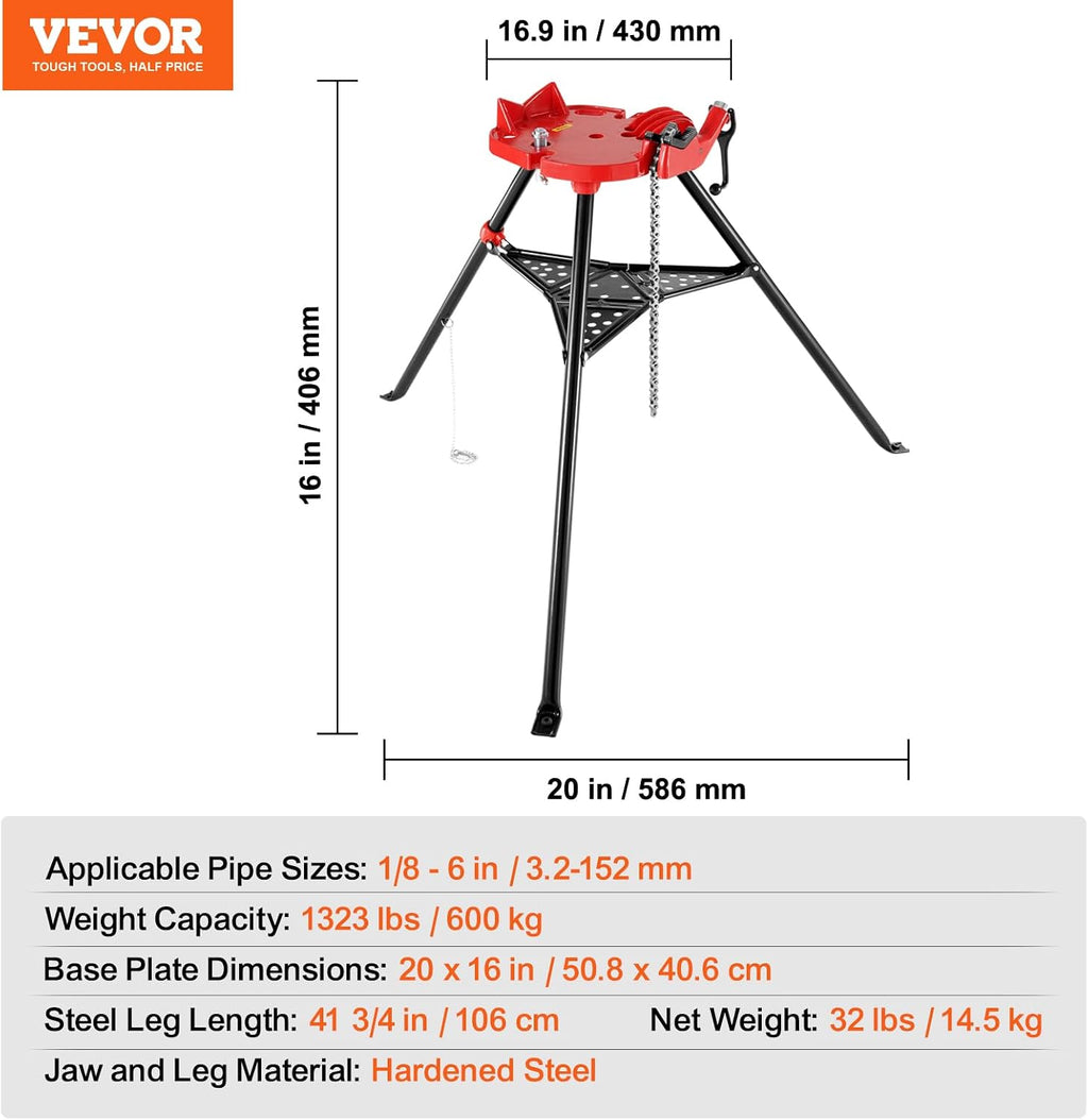 Mophorn 460-6 Tripod Pipe Chain Vise 1/8'-6' Capacity,Pipe Stand Portable Foldable Steel Legs,Pipe Stands w/Tool Tray, Tripod Stand Chain Vise Ideal for a Variety of Pipe Materials