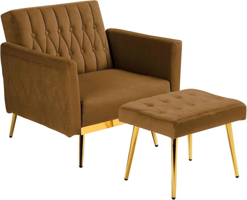 Velvet Accent Chair with Adjustable Armrests and Backrest, Button Tufted Lounge Chair, Single Recliner Armchair with Ottoman and Pillow for Living Room, Bedroom, Brown
