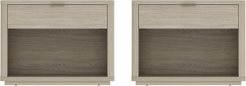 Manhattan Comfort Evelyn Set of 2 Nightstands with Drawer and Open Shelf, Minimalist Bedside Table with Rounded Corners & Raised Base, Modern Night Stand for Bedroom, or Living Room in Natural Oak