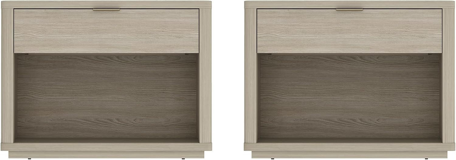Manhattan Comfort Evelyn Set of 2 Nightstands with Drawer and Open Shelf, Minimalist Bedside Table with Rounded Corners & Raised Base, Modern Night Stand for Bedroom, or Living Room in Natural Oak