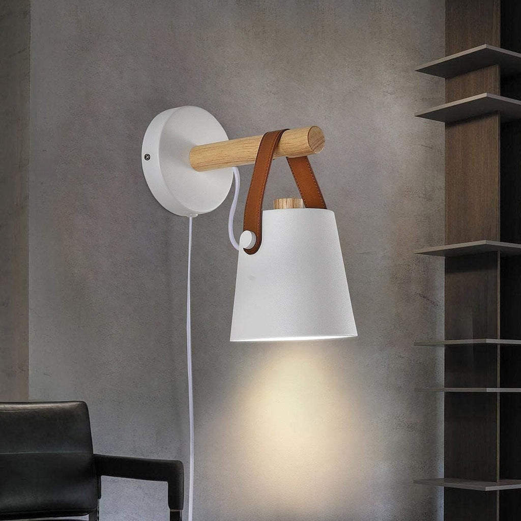 Wall Lamps for Bedroom White Plug in Wall Sconces Indoor Wall Lighting fixtures Industrial E26 lamp Holder with Wooden and Leather lamp Wall for Nightstand Vanity Mirror or Farmhouse Aisle Corridor