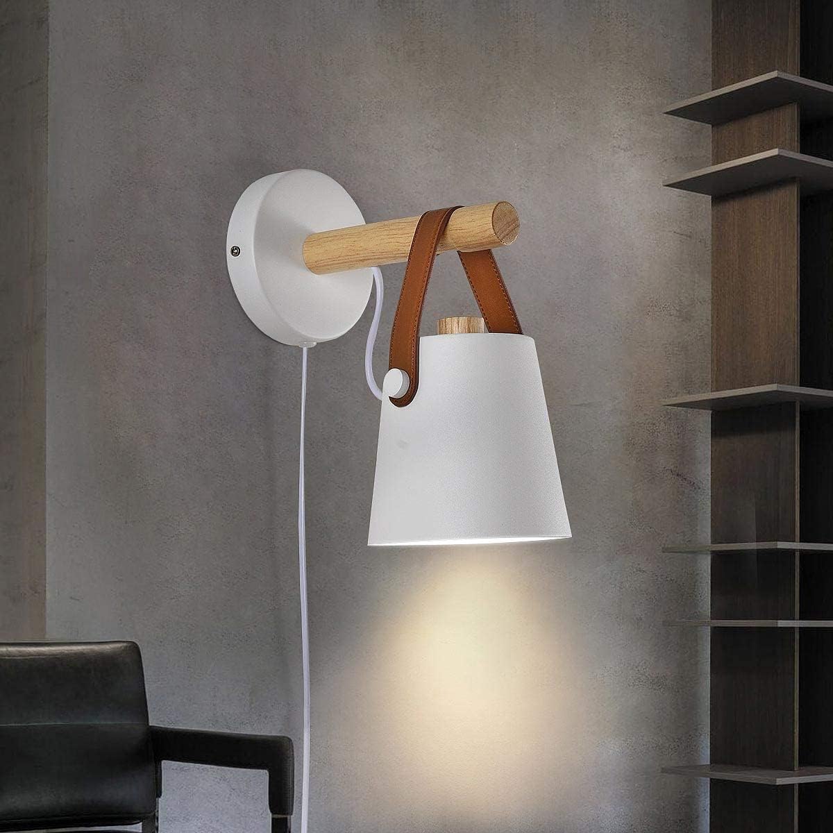Wall Lamps for Bedroom White Plug in Wall Sconces Indoor Wall Lighting fixtures Industrial E26 lamp Holder with Wooden and Leather lamp Wall for Nightstand Vanity Mirror or Farmhouse Aisle Corridor