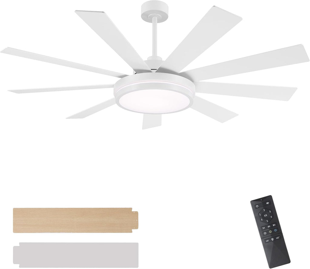 WINGBO 60' Ceiling Fan with Light - Large LED Dimmable Light, 6-Speed Remote Control, Reversible DC Motor, Modern Ceiling Fan 9 Blades for Bedroom, Living Room, Indoor Outdoor White and Oak