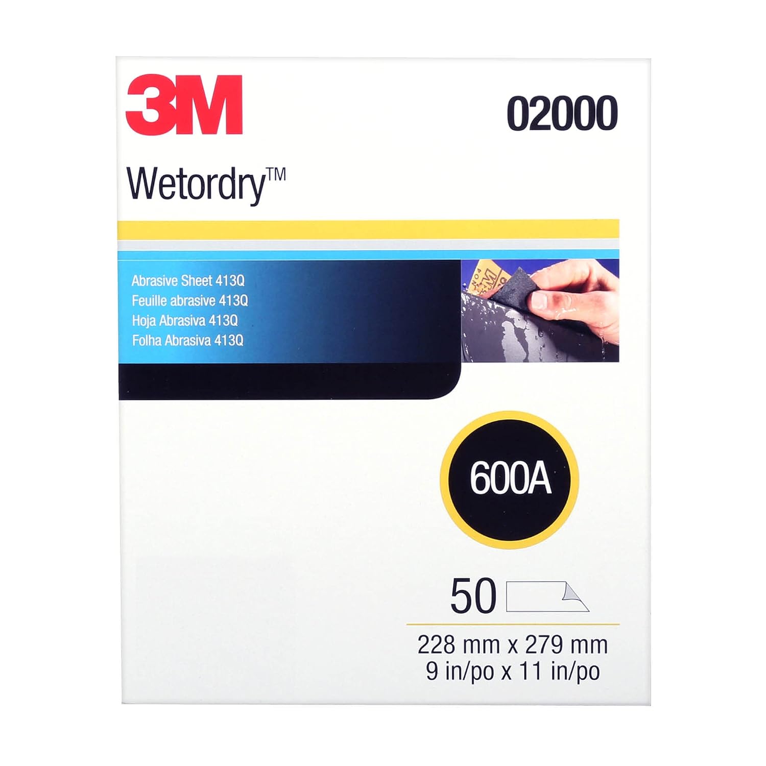 3M Wetordry Abrasive Sheet 02000, 600, Flexible, Durable, Surface Finishing, Waterproof, 9 in x 11 in, 50 Sheets (Pack of 5)