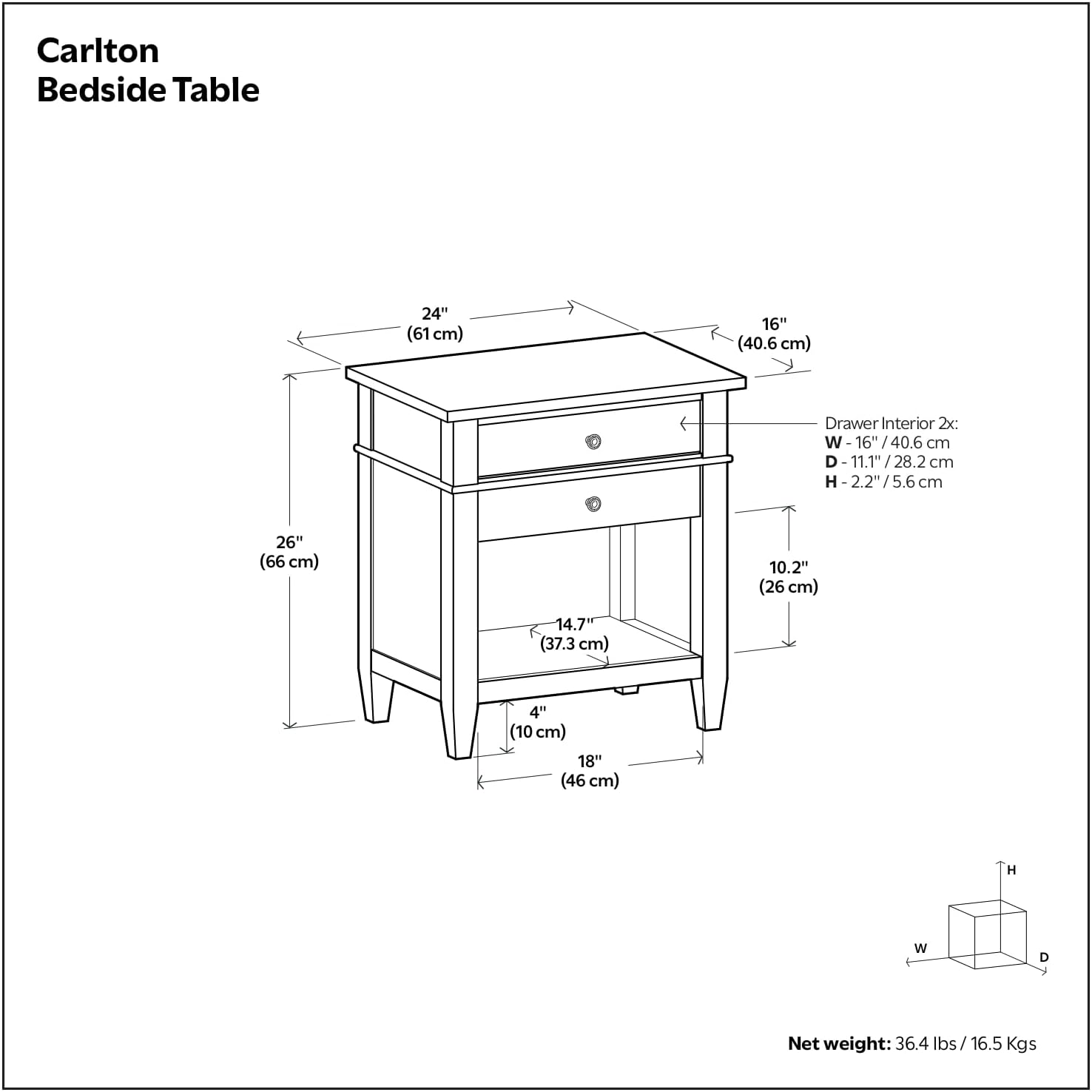 SIMPLIHOME Carlton Bedside Table - 24 inch Wide Solid Wood Nightstand Table in Black, Contemporary Bedroom Side or End Table with 2 Drawers, Open Storage Shelf and Bronze Hardware