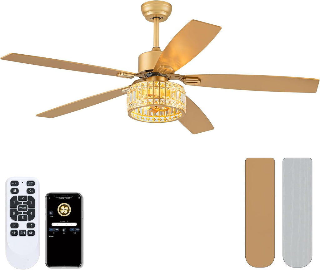 Chandelier Ceiling Fans with Lights and Remote,Caged Ceiling Fan with Light,App 5 Blades E26 Fandelier Ceiling Fans with Lights,Crystal Ceiling Fan for Bedroom,Living Room. (Gold, 52 Inch)
