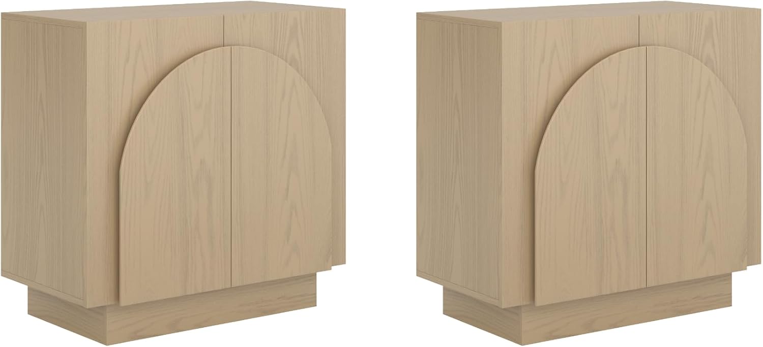 Nathan James Iris Mid-Century Modern Credenza, Light Brown TV Stand, Living Room Wood Storage Cabinet with Arched Cabinet Doors, White Oak, Set of 2