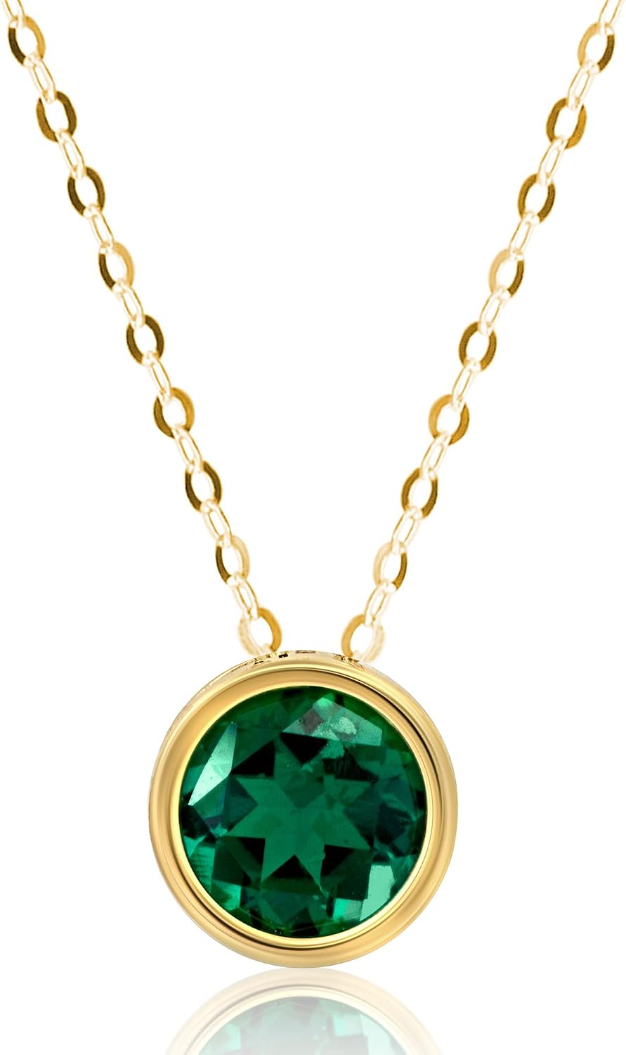MAX + STONE 14K Gold Gemstone Pendant with 7mm Round Bezel Birthstone | Dainty Round Necklace for Women with Gold 18 Inch Cable Chain | Secure Clasp Pendants with Gift Box