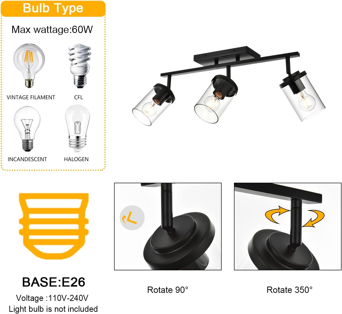 BONLICHT Industrial Vintage Indoor Wall Mount Spotlight 3 Light Modern Semi Flush Mount Ceiling Light Black Adjustable Track Lighting Kit Rustic Bathroom Vanity Light Fixture with Clear Glass Shade