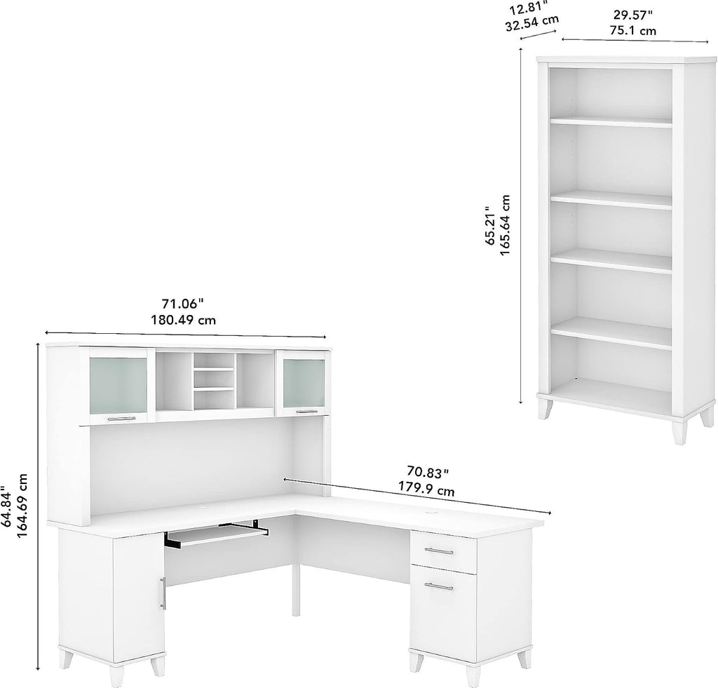 Bush Home Somerset 72W L Shaped Desk with Hutch and 5 Shelf Bookcase in White