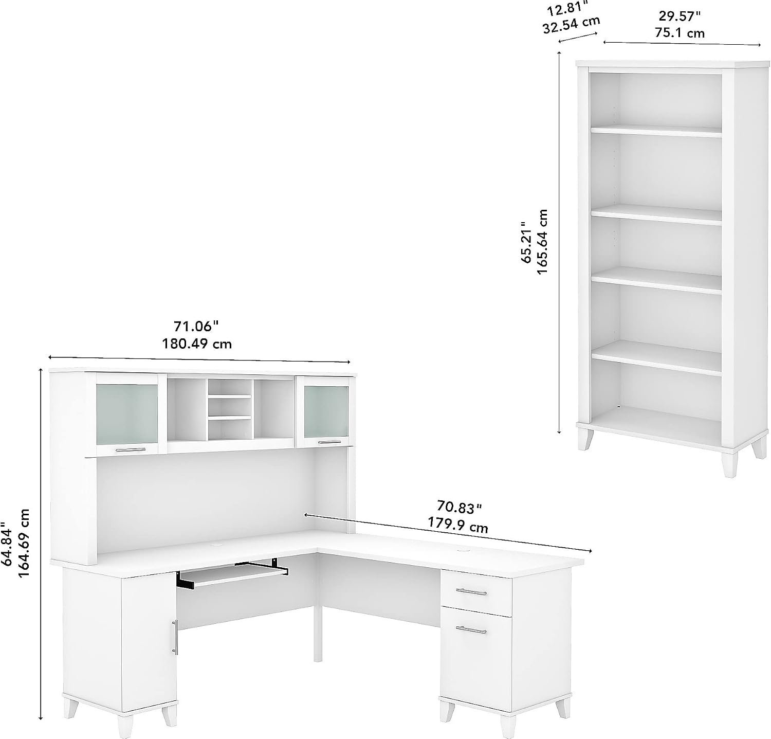 Bush Home Somerset 72W L Shaped Desk with Hutch and 5 Shelf Bookcase in White