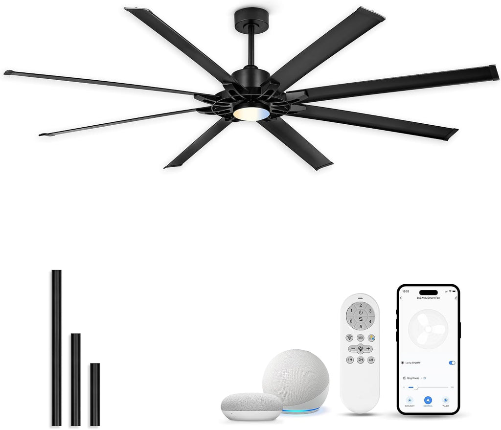 84 Inch Ceiling Fan With Light, Industrial Ceiling Fan With 8 Aluminium Metal Blades, Smart Fan Compatible with Alexa, Garage Indoor Fan For Living Room and Patio, ZCCF05ABK-84