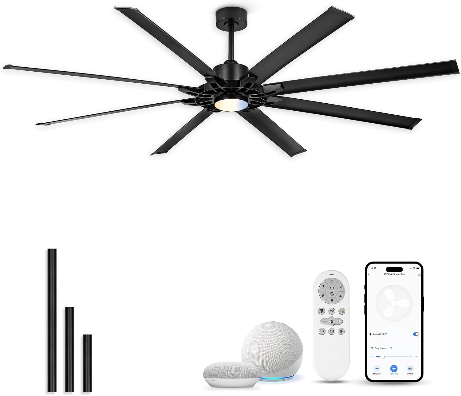 84 Inch Ceiling Fan With Light, Industrial Ceiling Fan With 8 Aluminium Metal Blades, Smart Fan Compatible with Alexa, Garage Indoor Fan For Living Room and Patio, ZCCF05ABK-84