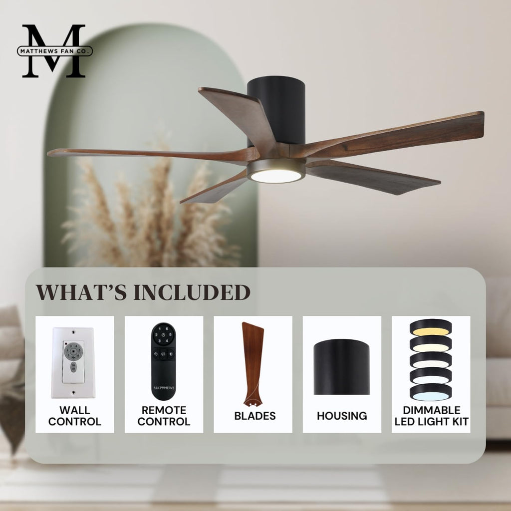 Matthews IR5HLK-BK-WA-42 Irene Damp Rated 42' Flush Mount Ceiling Fan with Light and Remote & Wall Control, Silent DC Motor, 5 Solid Wood Blades, Matte Black with Walnut Tone