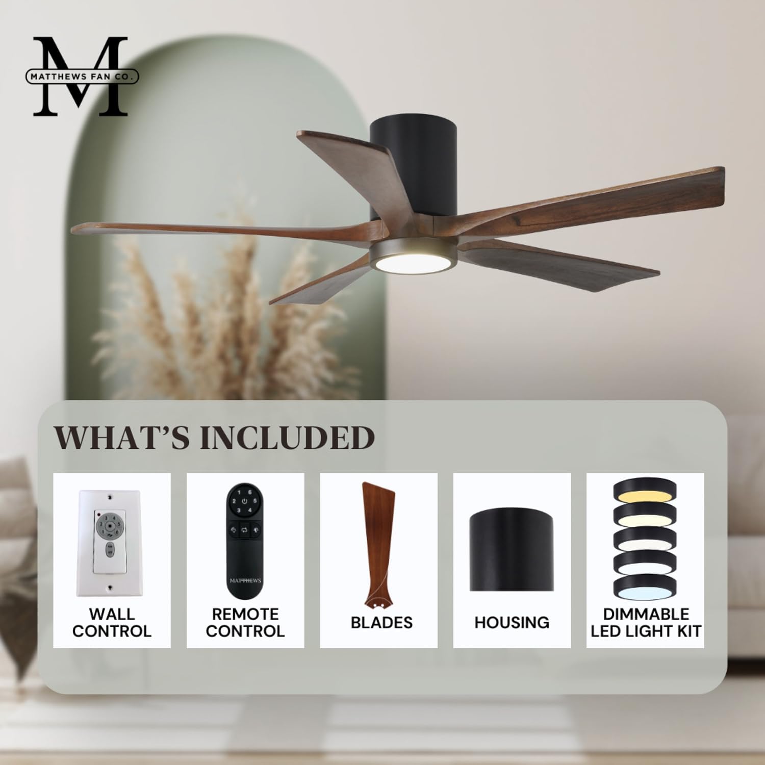 Matthews IR5HLK-BK-WA-42 Irene Damp Rated 42' Flush Mount Ceiling Fan with Light and Remote & Wall Control, Silent DC Motor, 5 Solid Wood Blades, Matte Black with Walnut Tone