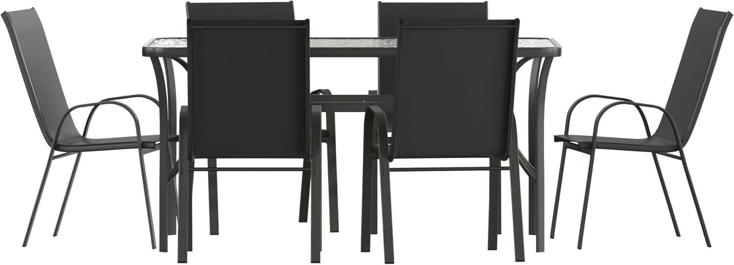 Flash Furniture Brazos Commercial Outdoor Dining Set, 60' Tempered Glass Patio Table with Umbrella Hole, 6 Stack Chairs with Flex Comfort Seats and Backs, Black/Black