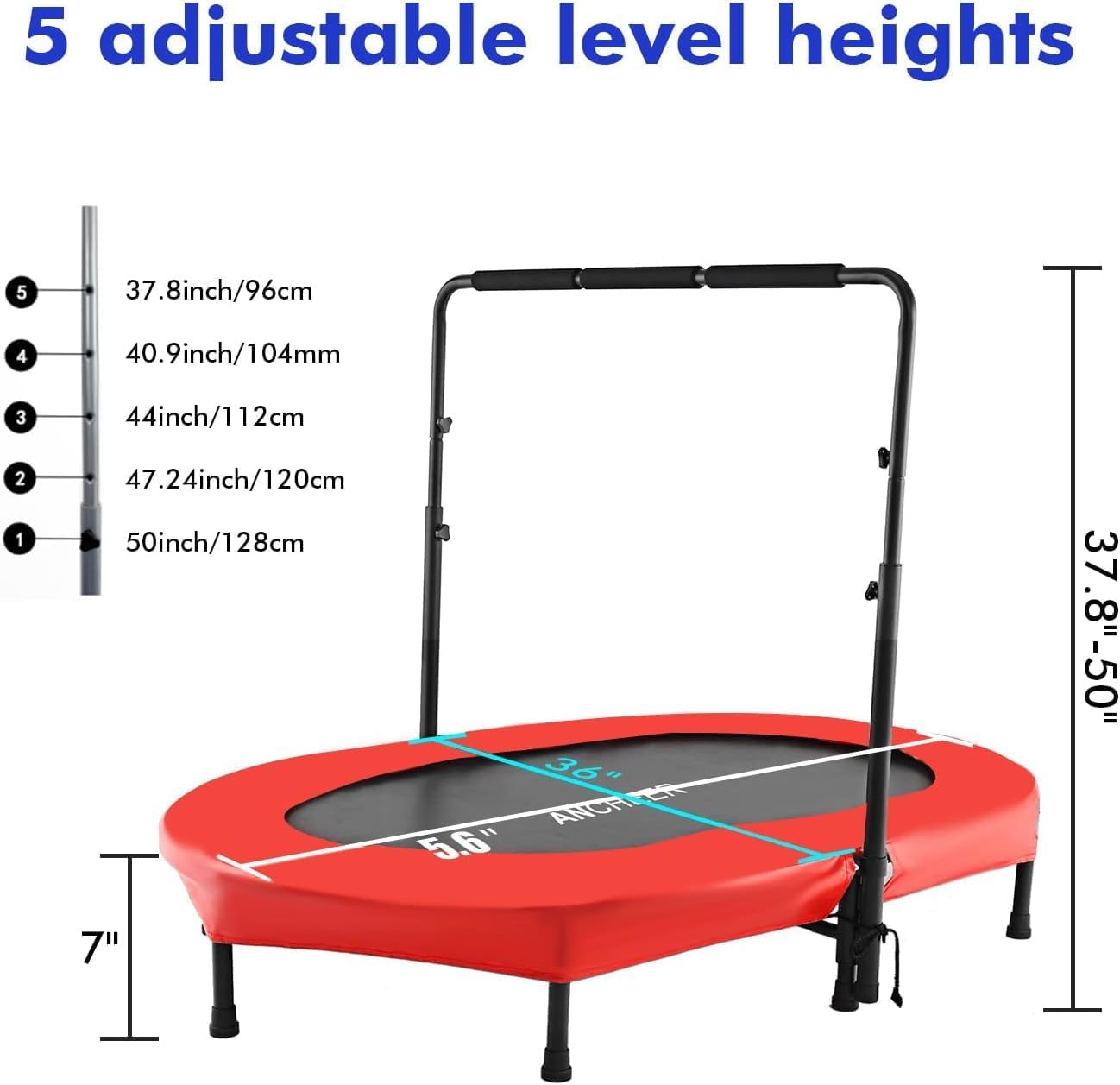 Trampoline for Kids, Toddler Trampoline Indoor Sports and Outdoor Games 56' Kids Rebounder 220LBS Capacity with Adjustable Safety Handrail Foldable Jumper for Boy Girls ASTM Certified