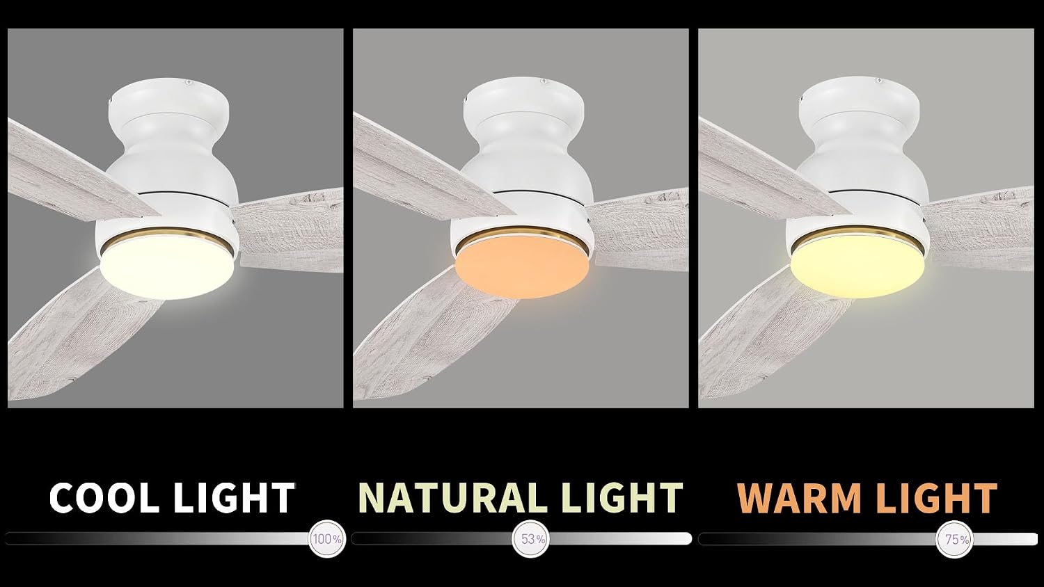 Carro 60 Inches White Ceiling Fan with Light Flush Mount, DC 10 Speeds Silent Ceiling Fan with Remote, 3 Dual Finish Blades, 3 Light Colors Dimmable, for Living Room, Bedroom