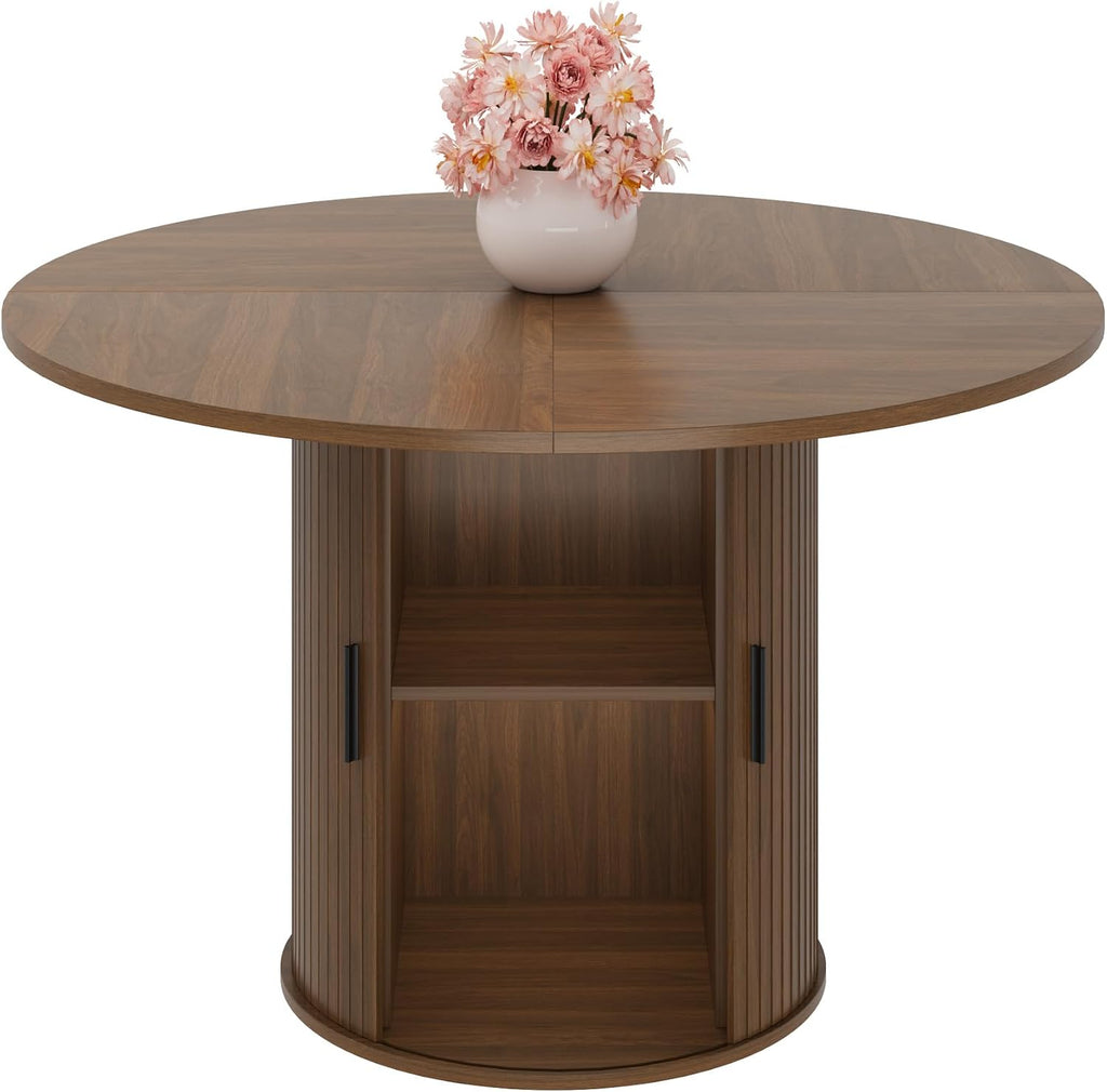 Garvee 47 Inch Round Dining Table for 4, Kitchen Table Dinner Table with 2-Layer Storage Shelf and Wood Slide Door for Home Dining Room Living Room