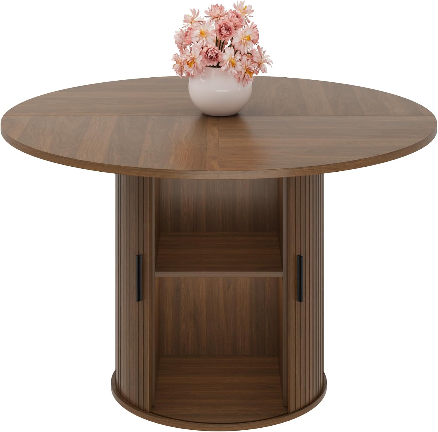 Garvee 47 Inch Round Dining Table for 4, Kitchen Table Dinner Table with 2-Layer Storage Shelf and Wood Slide Door for Home Dining Room Living Room