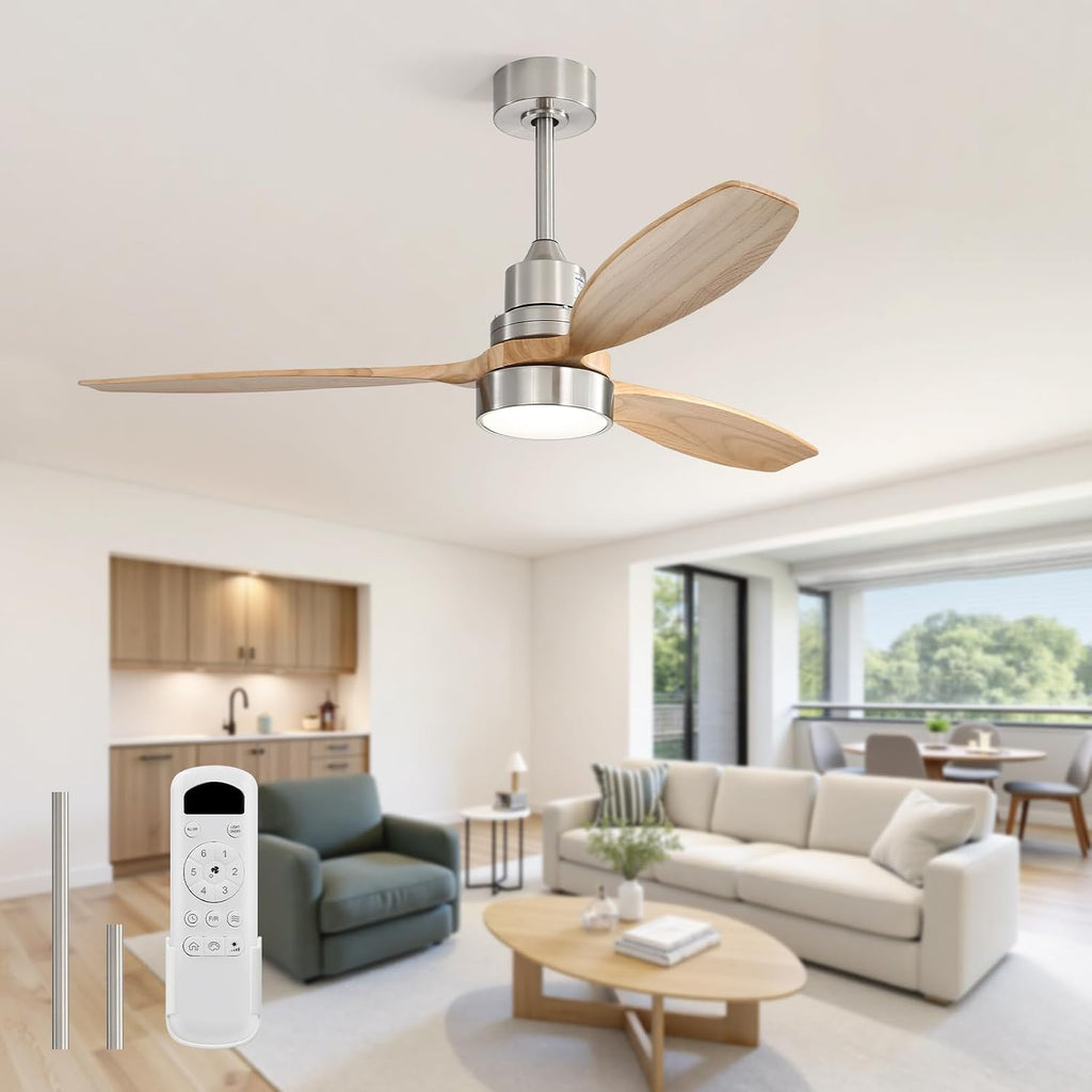 Sofucor Ceiling Fan with Lights, 52 Inch Low Profile Flush Mount Mordern Wood Ceiling Fan with Remote for Indoor Farmhouse Bedroom Living Room Outdoor Patio Porch, Reversible DC Motor, Noiseless