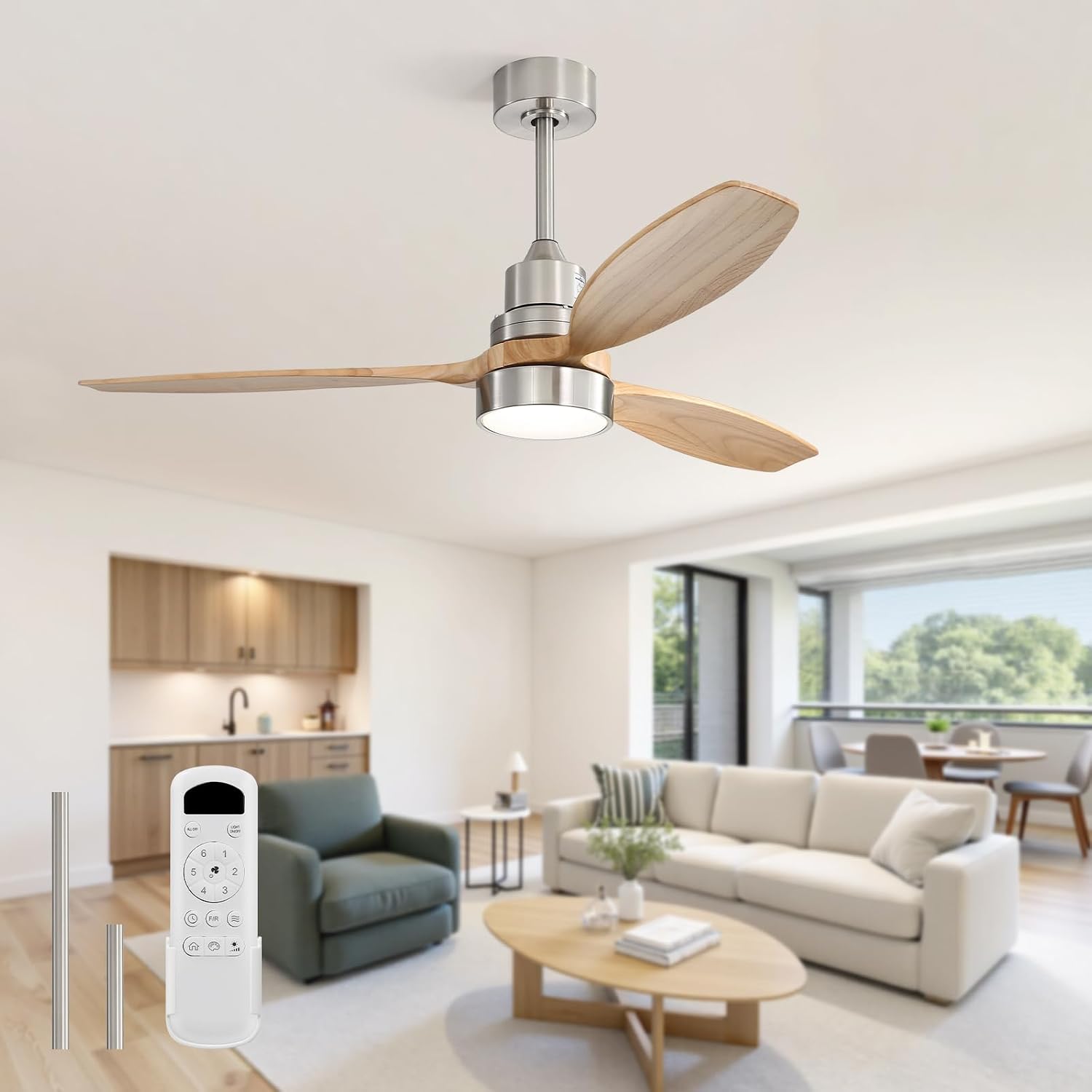 Sofucor Ceiling Fan with Lights, 52 Inch Low Profile Flush Mount Mordern Wood Ceiling Fan with Remote for Indoor Farmhouse Bedroom Living Room Outdoor Patio Porch, Reversible DC Motor, Noiseless