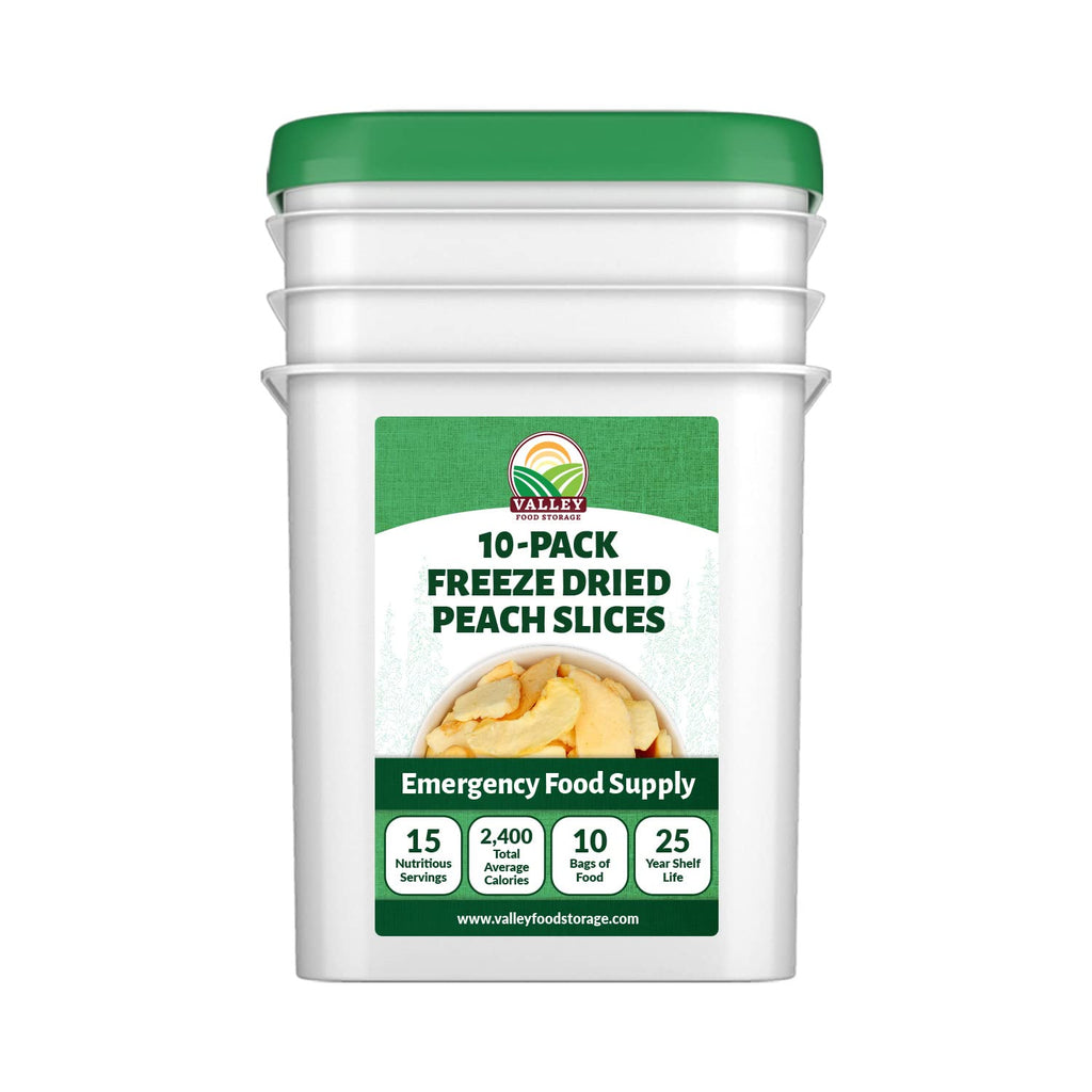 Valley Food Storage Freeze Dried Peach Slices | 10-Bag Bucket, 21 oz | Non-GMO Premium Emergency Food Supply, 25 Year Shelf Life | Prepper Supplies, Survival Food, Off-Grid Living | Packaged in USA