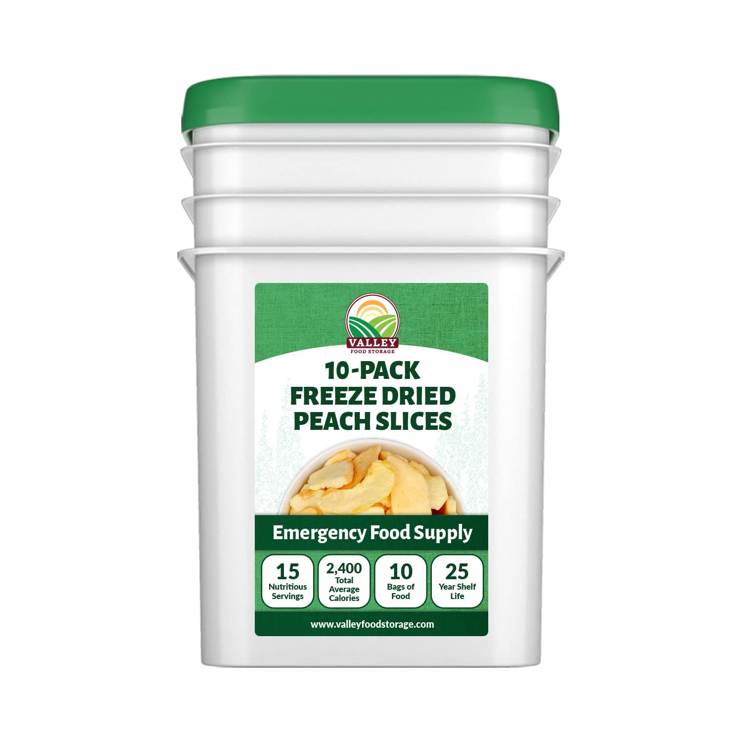 Valley Food Storage Freeze Dried Peach Slices | 10-Bag Bucket, 21 oz | Non-GMO Premium Emergency Food Supply, 25 Year Shelf Life | Prepper Supplies, Survival Food, Off-Grid Living | Packaged in USA