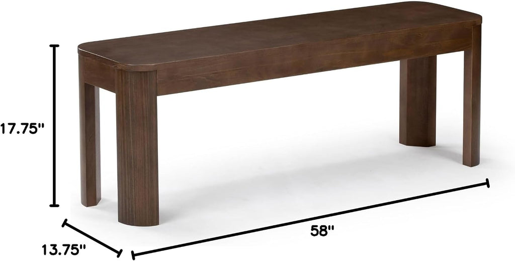 Plank+Beam Contour Bench, Modern Rounded 58 Inch Dining Bench, Bench for 72 Inch Kitchen Table, Walnut