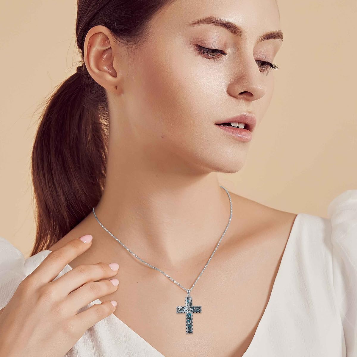 Natural Turquoise Cross Pendant Necklace for Women 925 Sterling Silver 1.2mm Cable Chain and Pendant with Genuine Turquoise Jewelry Gifts for Her 147022