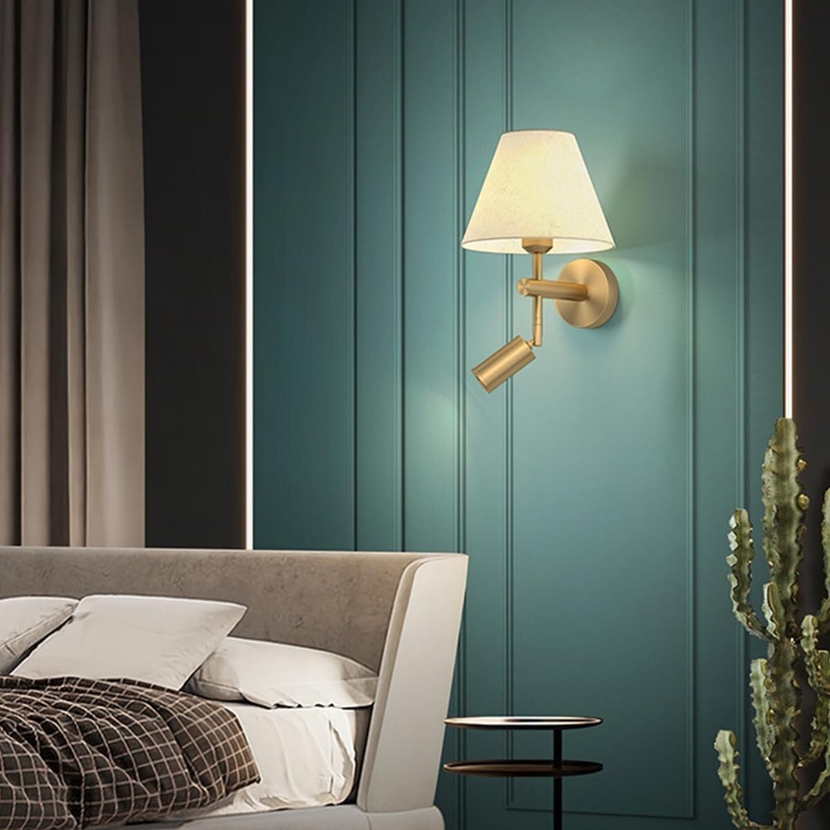 White Fabric Wall Light All Copper Wall Lamps Bedside Reading Lamp Wall Sconce with Spotlight Indoor Wall Mounted Light E27 Base Wall Lighting for Living Room Restaurant Loft Kitchen Oldsix-66