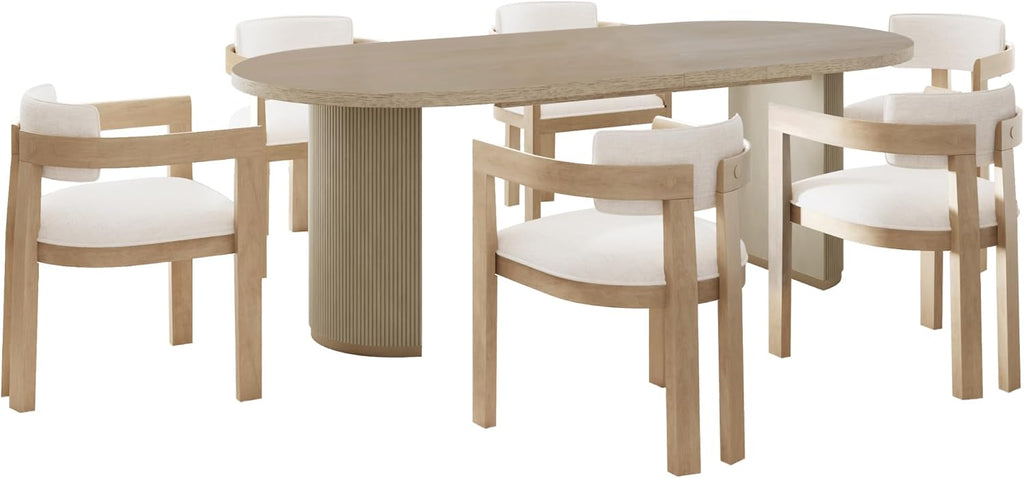 Christopher Knight Home Ebany 7 Piece Wooden Dining Set for 6, Dining Table and Chairs Set, Oval Kitchen Table for 6, Curved Back Armchairs, Restaurant Furniture Set with 6 Armchairs, Beige+Light Ash